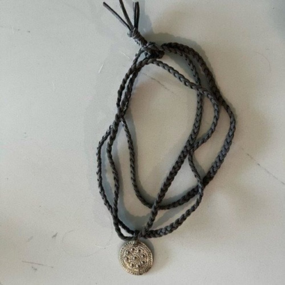 Silver Necklace - Braided Wrap Necklace with Silver Pendant - Choker Necklace